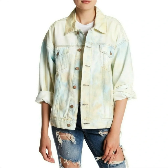 Free People White Multi Colored Tie Dye Denim Oversized Jacket - Picture 1 of 8